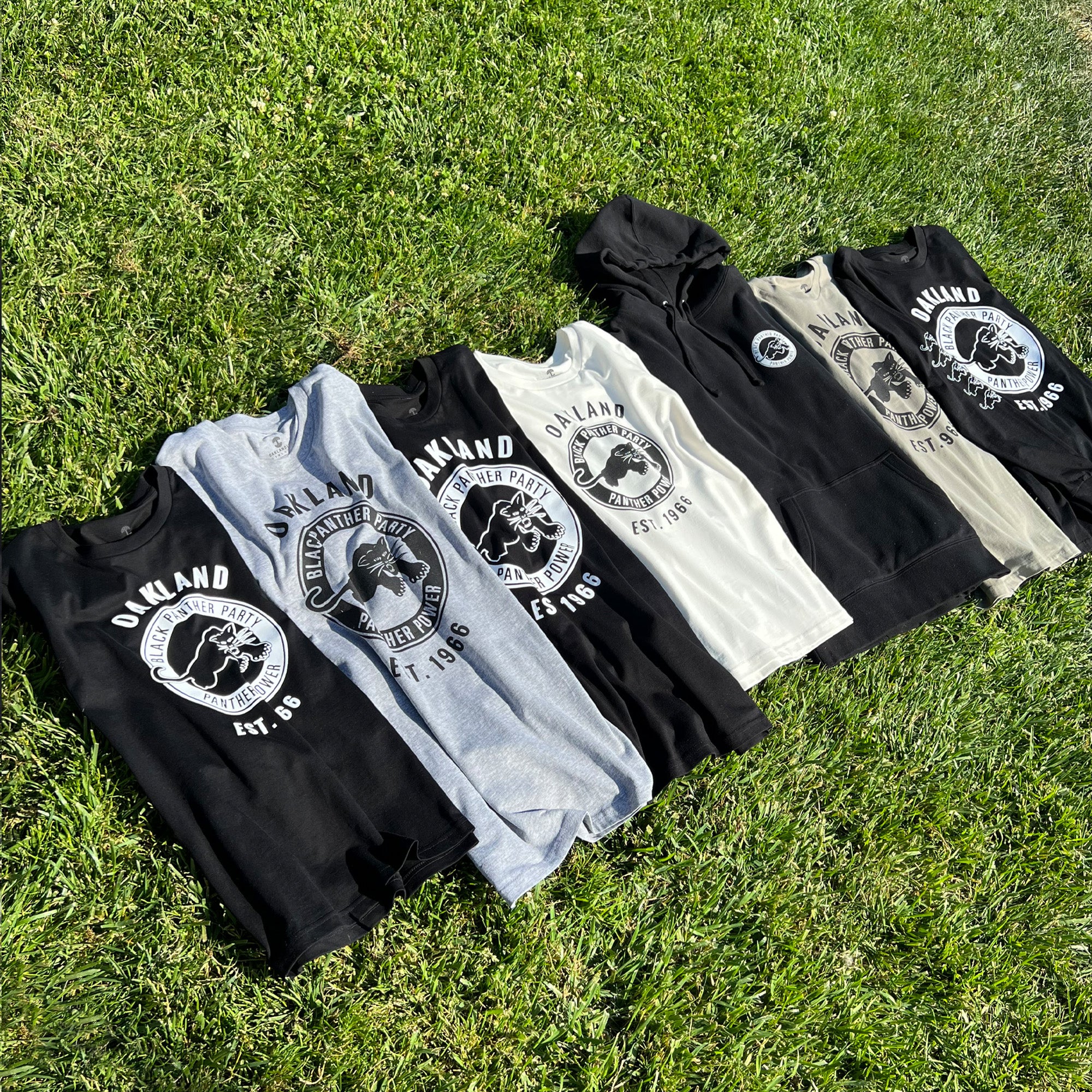 A collection of clothing, including black, gray, and white t-shirts, hoodies, and tank tops are neatly laid out on green grass. Each garment features a similar design with the word "Oakland" and "Established 1966" surrounding a graphic of a raised fist, embodying the legacy of social consciousness apparel. The standout piece among them is the Women's Black Panther Power Tee by Oaklandish.