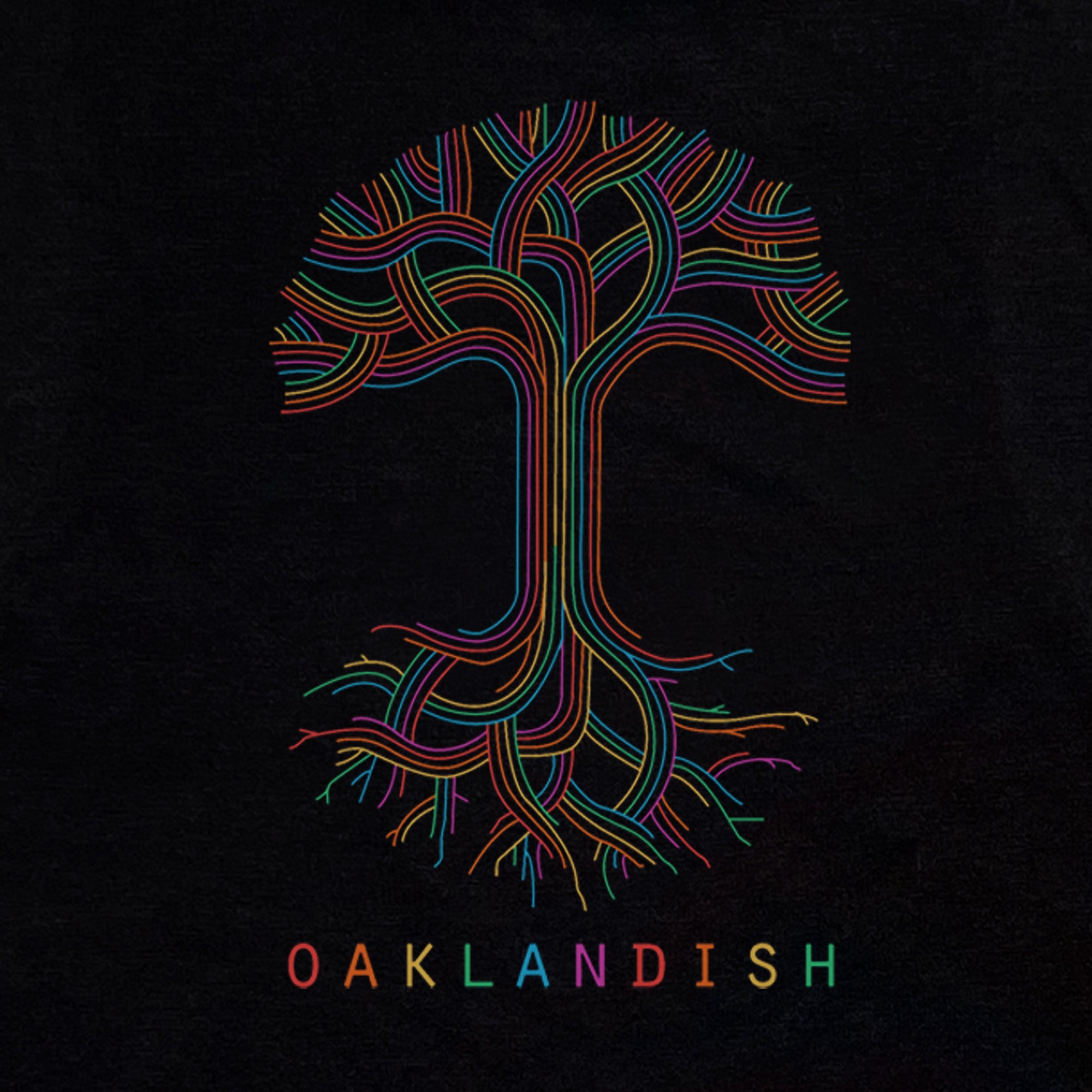 The Women's Oaklandish Pride Classic Logo Tank features a vibrant and stylized tree with intricate, curving branches and roots set against a black background. The design is made of intertwining rainbow-colored lines that celebrate Pride in Oakland. Beneath the tree, "OAKLANDISH" is written in uppercase letters, each in a different color. This tank top is by the brand Oaklandish.