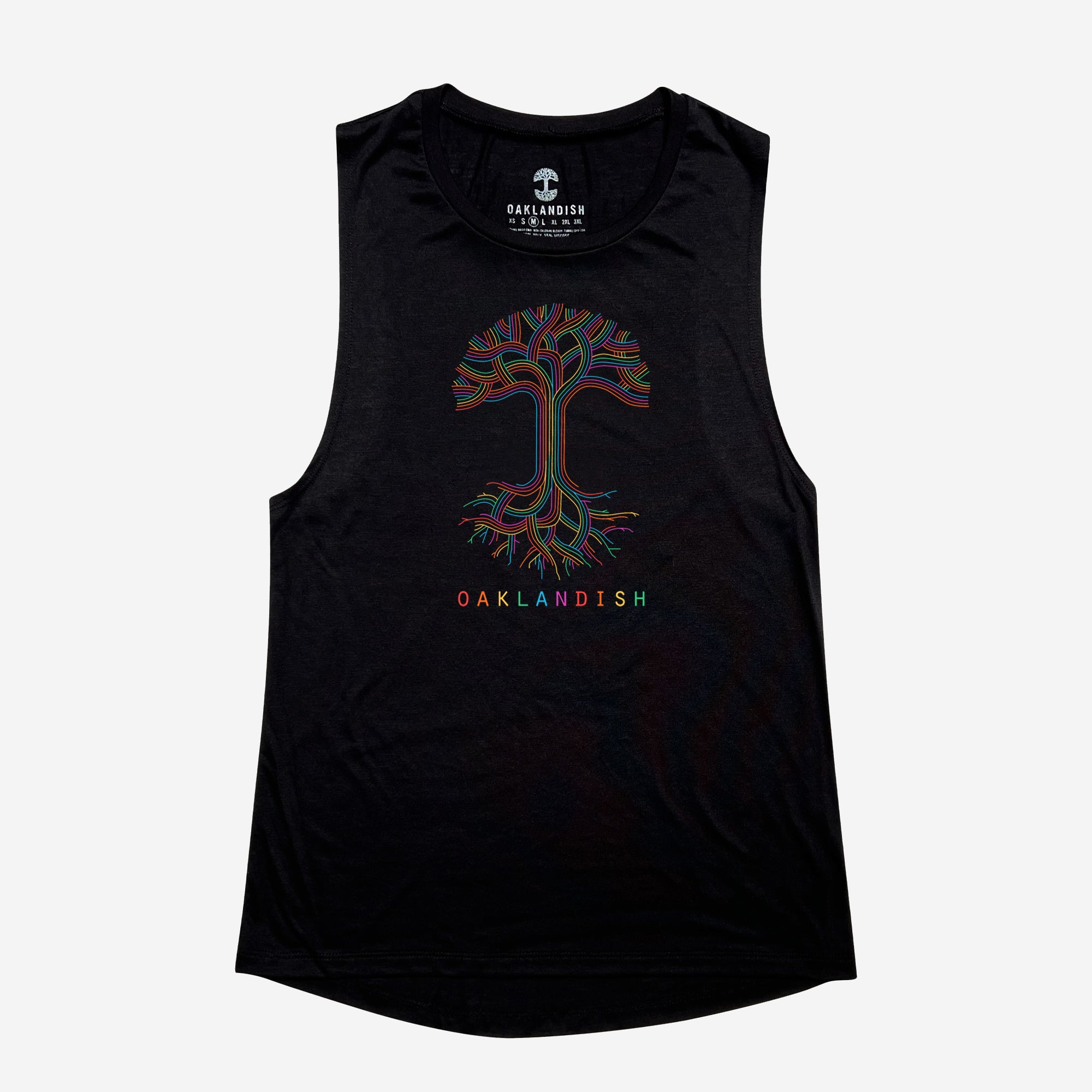 The Women's Oaklandish Pride Classic Logo Tank by Oaklandish is a black sleeveless top featuring a multicolored tree design on the front. The roots and branches form a symmetrical pattern, with the word "OAKLANDISH" printed below in rainbow letters, showcasing pride in Oakland. Inside the collar, "OAKLANDISH" is also printed along with care instructions.