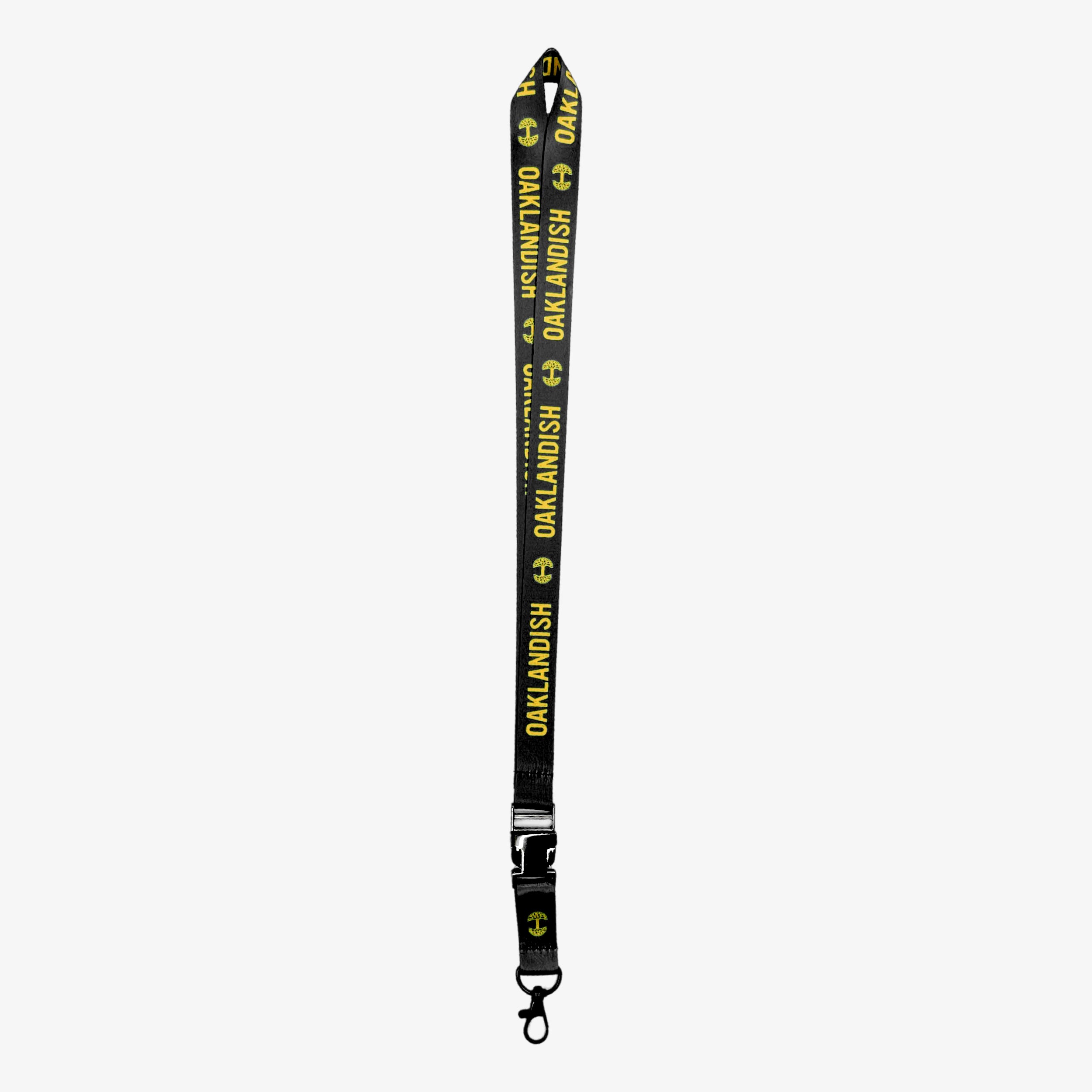 Black lanyard with yellow Oaklandish wordmark and tree logos on repeat with a detachable clip with tree logo.