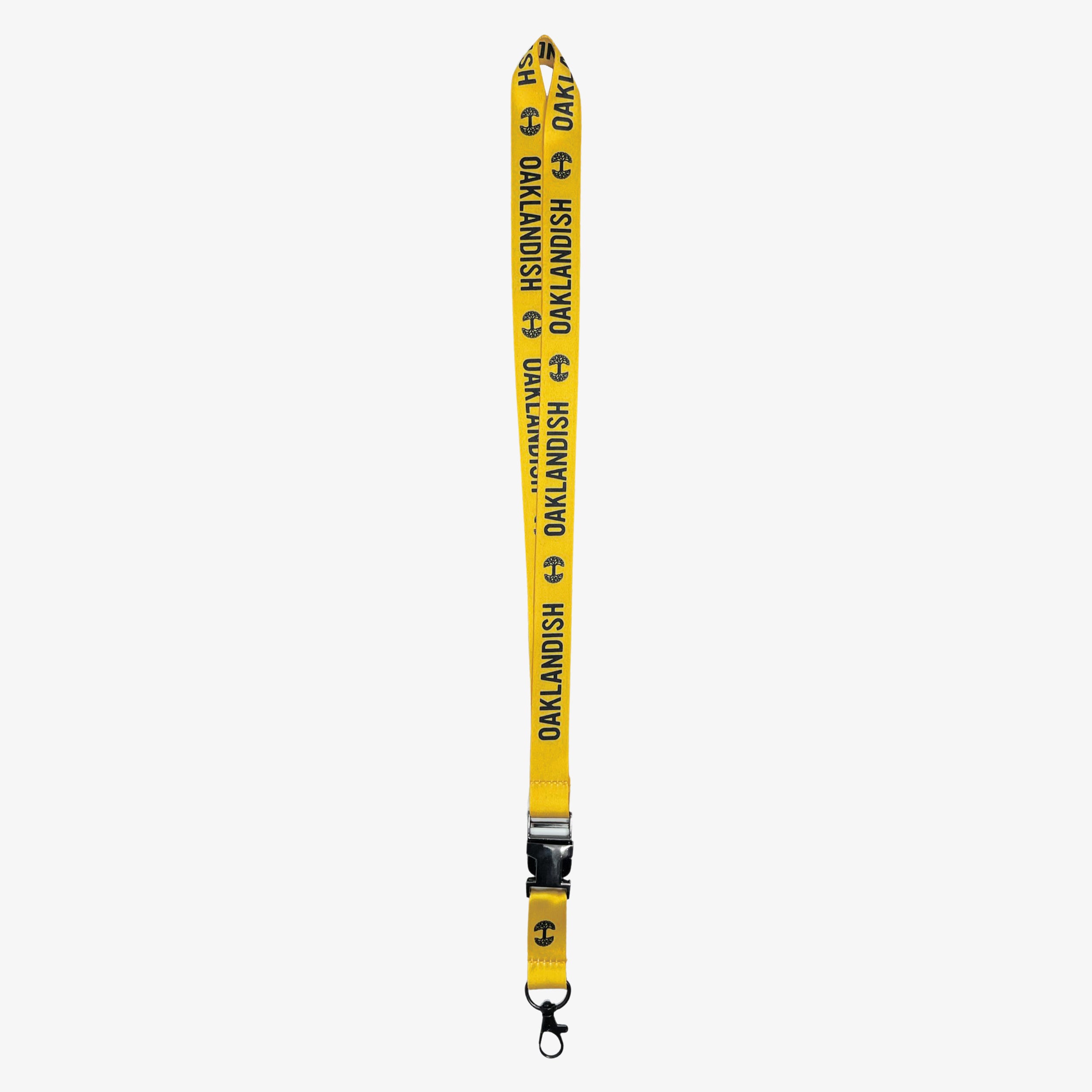 Yellow lanyard with black Oaklandish word mark and tree logos on repeat with a detachable clip with Oaklandish tree logo.