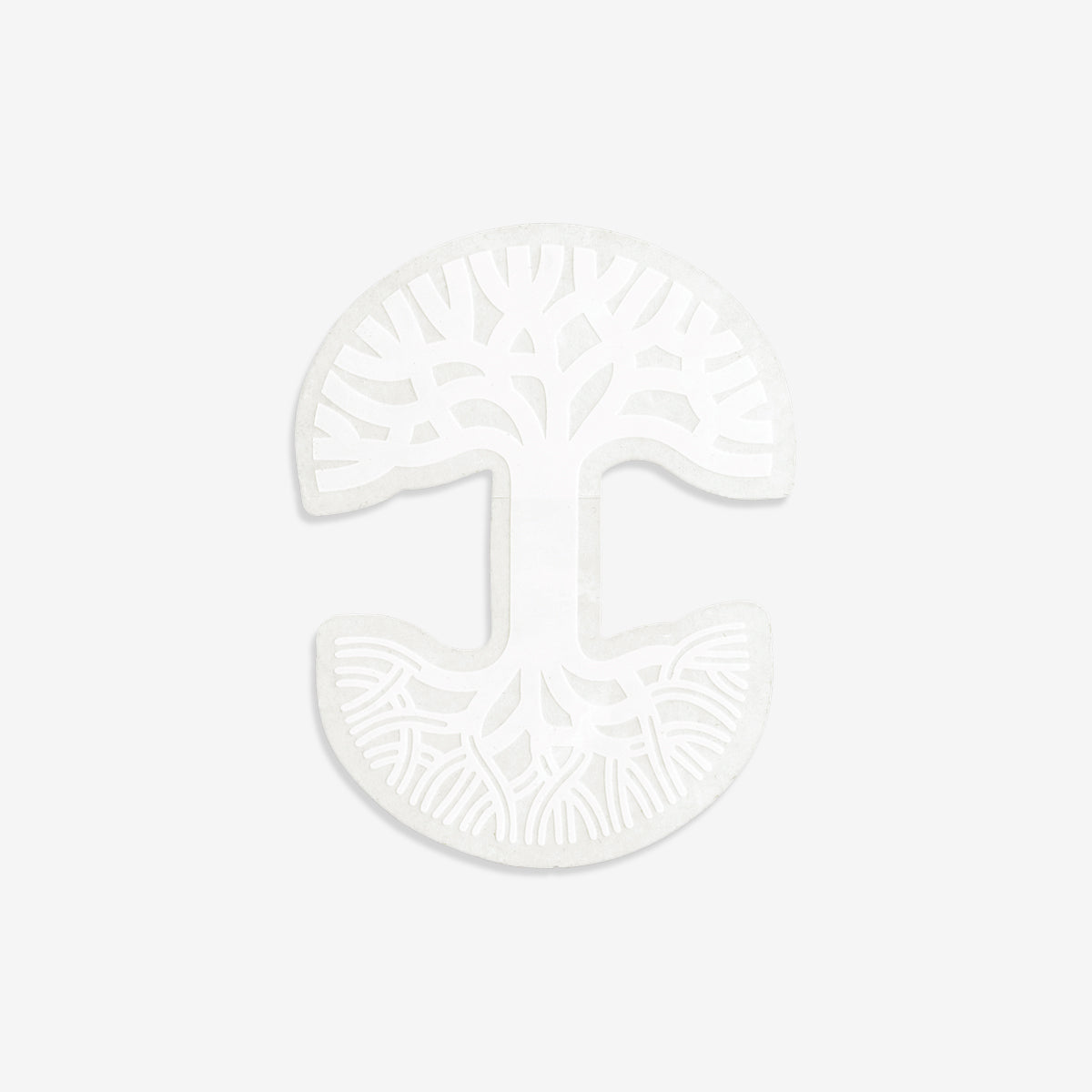 The Oaklandish Decal 3X4.5 by Oaklandish features a white minimalist tree design with intricate, branching limbs in the upper half and matching root structures in the lower half, all set against a light grey background. The symmetrical and circular layout of the artwork creates a harmonious, natural aesthetic.
