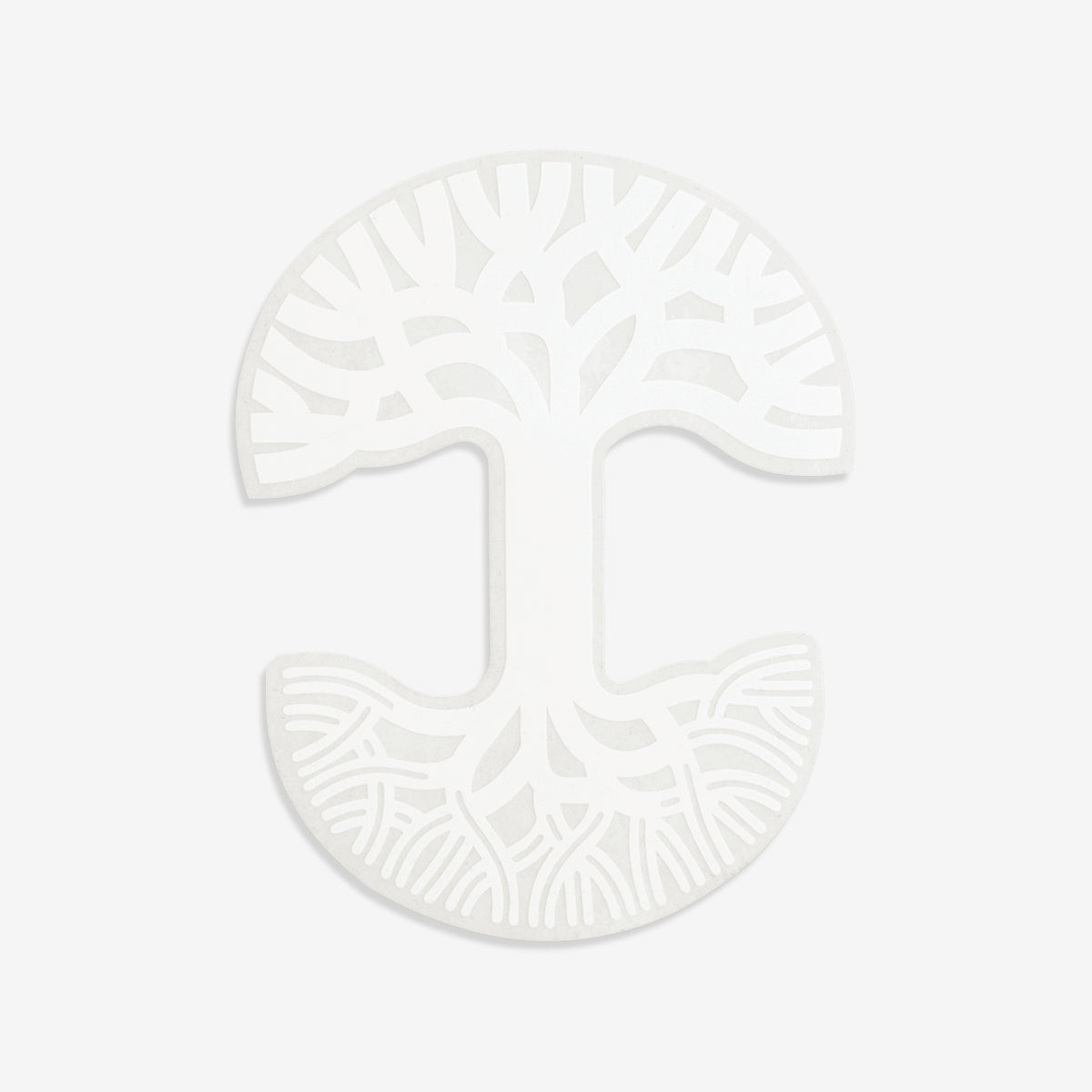 The Oaklandish Decal 5x7 by Oaklandish features a white, minimalist tree design with branches extending upward into a circular shape and roots spreading downward into another inverted circular shape. This intricate, web-like pattern makes for an ideal window decal sticker, showcased against a plain light-gray background.