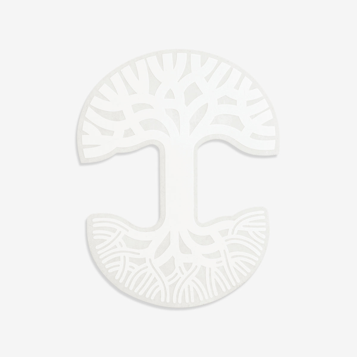 Large-sized white Oaklandish tree logo car window decal.