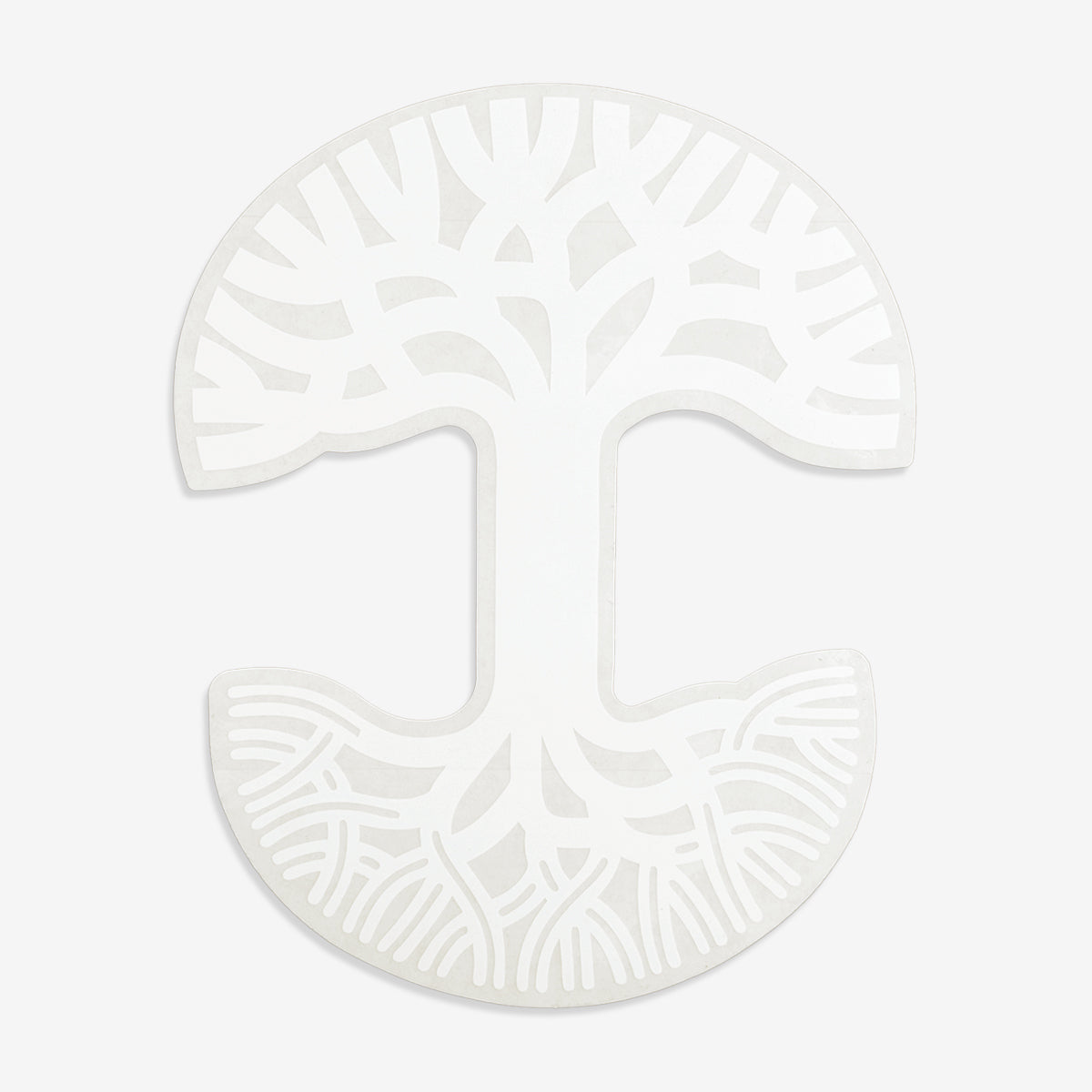 The Oaklandish Decal 8x10 showcases a minimalist, stylized tree design in white set against a light gray background. Ideal as an Oakland window decal, this tree features a rounded canopy with intricate branching and roots extending downwards in a detailed and symmetrical pattern. The overall shape uniquely combines elements of both a circle and a T-shape.